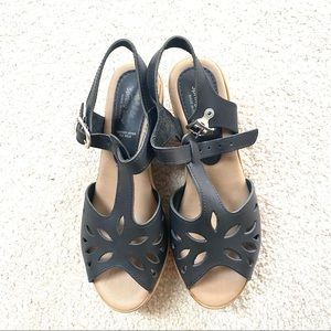 Spring Step Black Leather Cut Outs Wedge Sandal 37